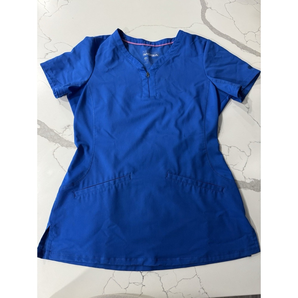Purple Label Yoga Healing Hands Blue Scrub Top Quarter Zip Size XS